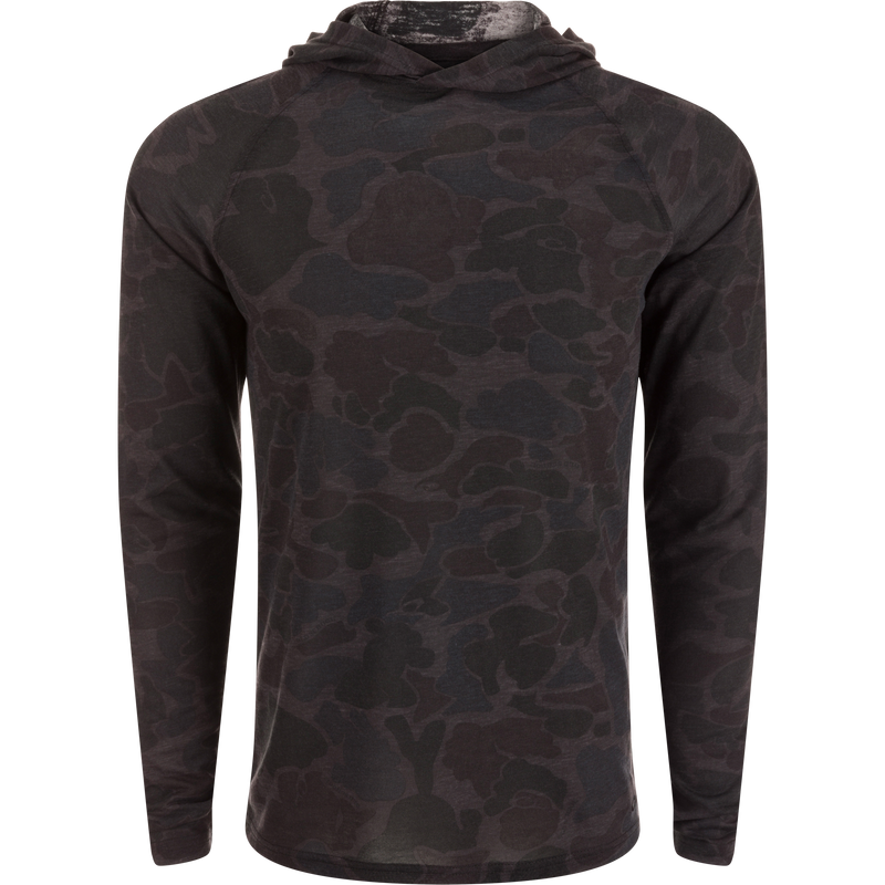 Hunter Creek Bamboo Long Sleeve Hoodie in dark camo print, lightweight, soft, with UPF 20 sun protection and quick-drying features, laid flat on white background.