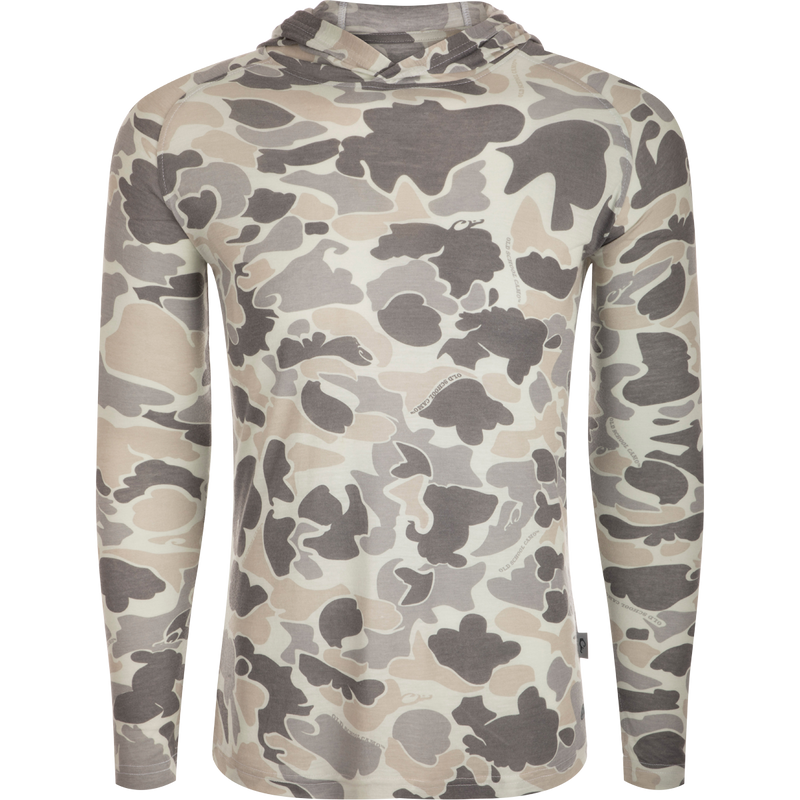 Hunter Creek Bamboo Long Sleeve Hoodie in muted camo pattern, lightweight with built-in stretch. Features quick-drying fabric, UPF 20, and odor resistance for versatile wear.
