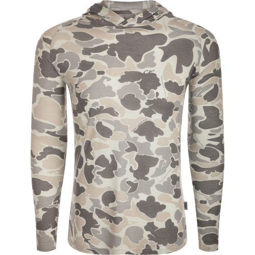 Hunter Creek Bamboo Long Sleeve Hoodie in muted camo pattern, lightweight with built-in stretch. Features quick-drying fabric, UPF 20, and odor resistance for versatile wear.