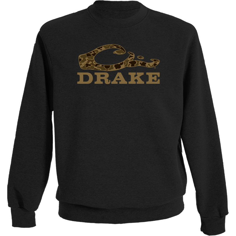 Old School Graphic Crew Sweatshirt featuring the Drake logo with exclusive Old School Camo fill, crafted from a soft cotton-polyester blend for comfort and style.