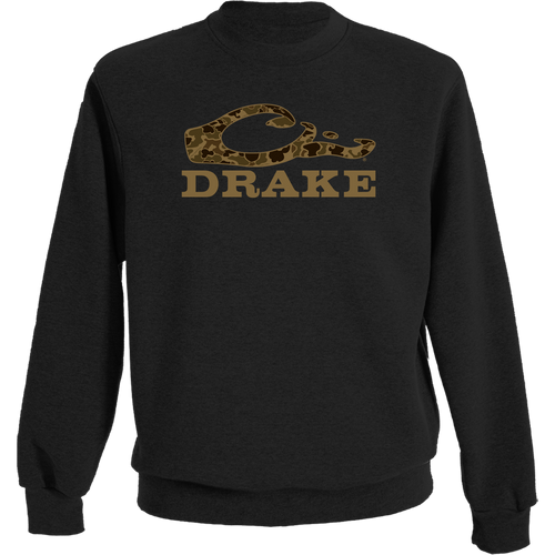 Old School Graphic Crew Sweatshirt featuring the Drake logo with exclusive Old School Camo fill, crafted from a soft cotton-polyester blend for comfort and style.