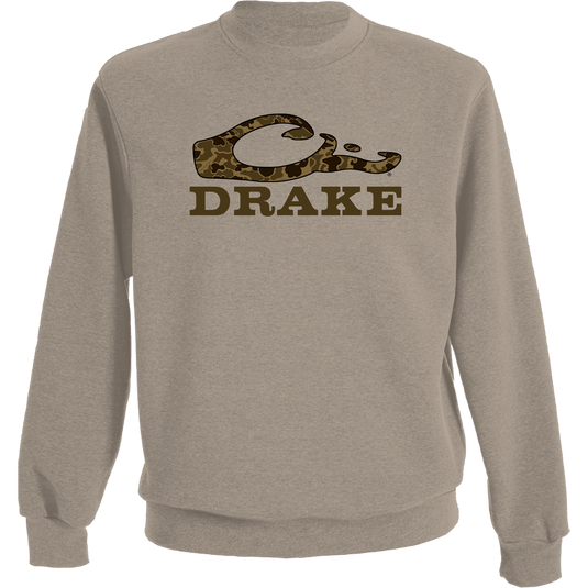 Old School Graphic Crew Sweatshirt featuring the Drake logo with exclusive Old School Camo fill, crafted from a soft 60% cotton and 40% polyester blend.