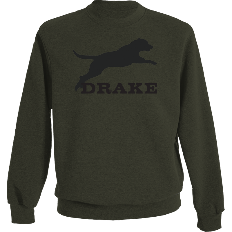 Leaping Lab Crew Graphic Sweatshirt featuring a Drake logo with a leaping black lab, crafted from a soft 60% cotton/40% polyester blend.