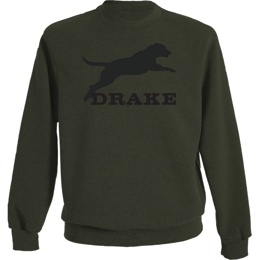 Leaping Lab Crew Graphic Sweatshirt featuring a Drake logo with a leaping black lab, crafted from a soft 60% cotton/40% polyester blend.