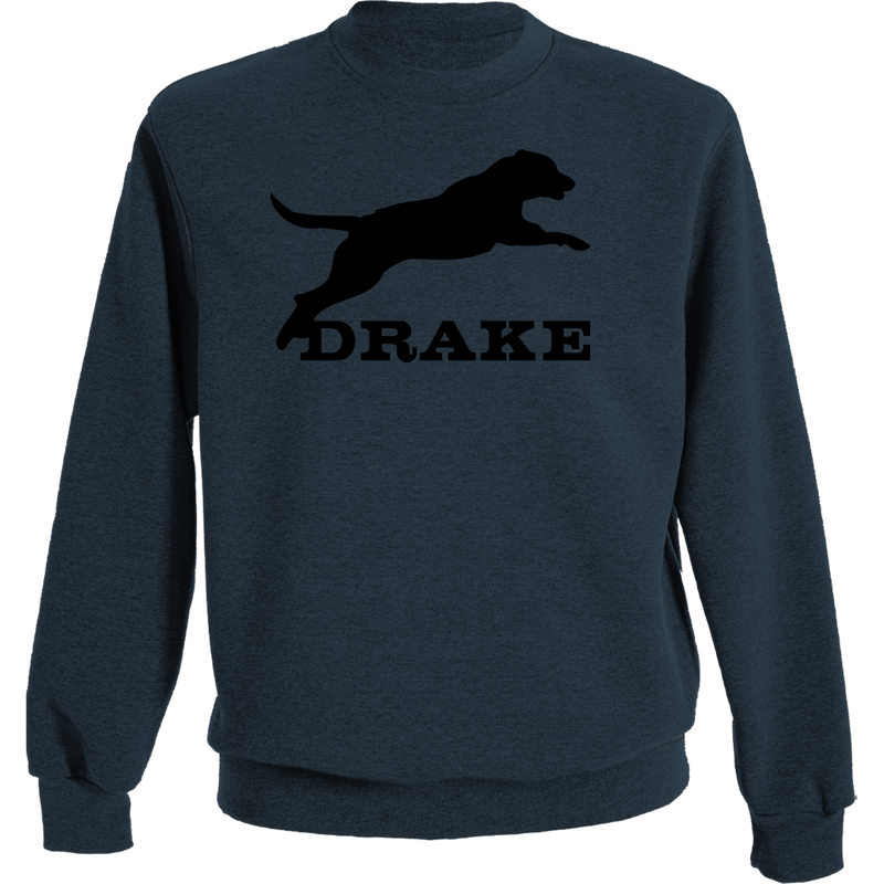 Leaping Lab Crew Graphic Sweatshirt with Drake logo and leaping black lab, crafted from a soft cotton-polyester blend for comfort and durability.