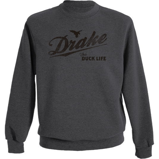The Drake Life Graphic Crew Sweatshirt features a Drake Duck Life graphic, offering midweight comfort with a cotton-polyester blend.