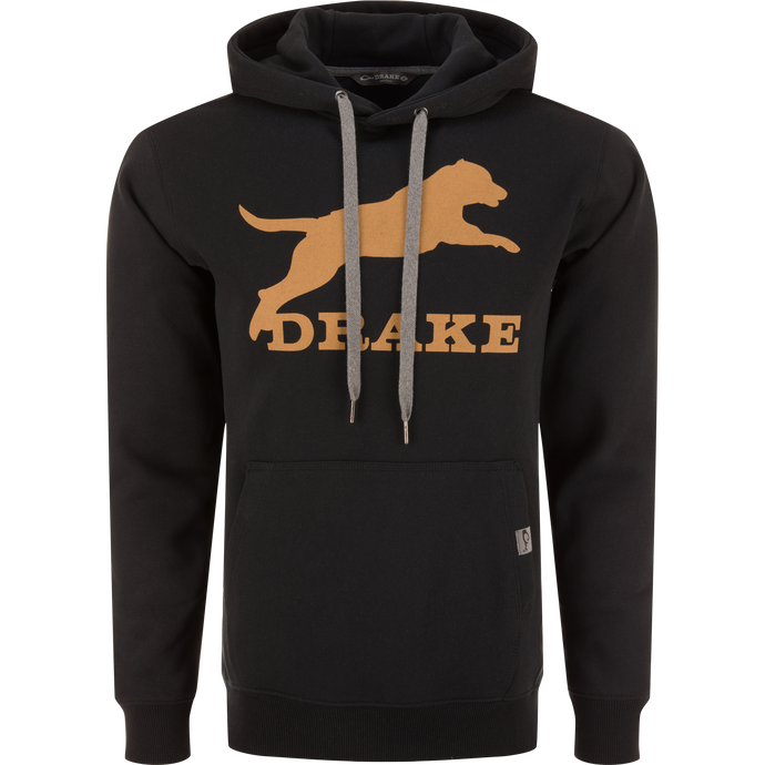 Leaping Lab Graphic Hoodie featuring a leaping black lab and Drake logo on front, with adjustable hood and kangaroo pocket for added comfort and stretch.