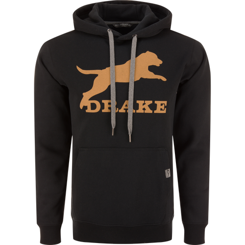 Leaping Lab Graphic Hoodie featuring a leaping black lab and Drake logo on front, with adjustable hood and kangaroo pocket for added comfort and stretch.