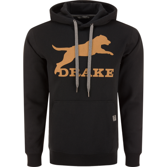 Leaping Lab Graphic Hoodie featuring a leaping black lab and Drake logo on front, with adjustable hood and kangaroo pocket for added comfort and stretch.