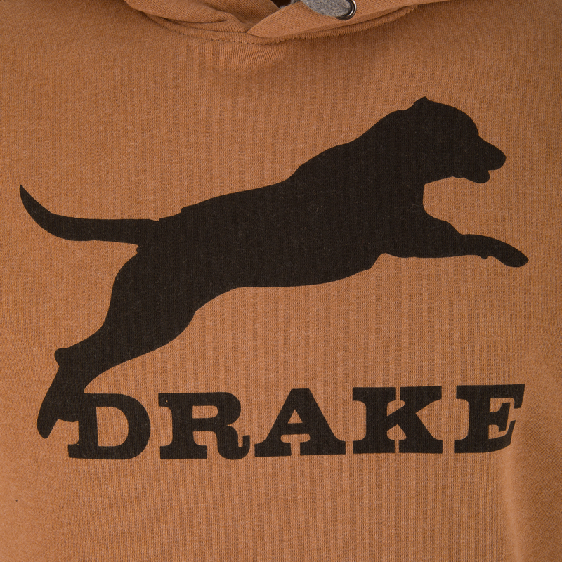 Leaping Lab Graphic Hoodie with adjustable drawstring hood, kangaroo pocket, and side panels for stretch, featuring Drake logo and black lab graphic on front.
