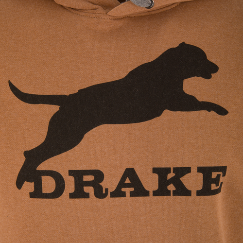 Leaping Lab Graphic Hoodie with adjustable drawstring hood, kangaroo pocket, and side panels for stretch, featuring Drake logo and black lab graphic on front.