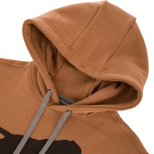 Leaping Lab Graphic Hoodie with a drawstring hood, kangaroo pocket, side panels, and a front leaping black lab graphic, ideal for hunting and casual wear.