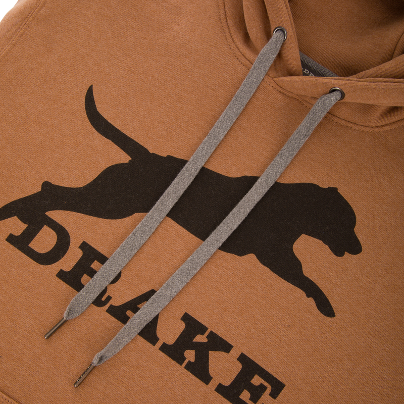 Leaping Lab Graphic Hoodie featuring a leaping black lab and Drake logo on front, with a kangaroo pocket and adjustable drawstring hood.