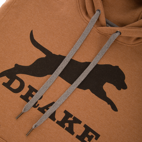 Leaping Lab Graphic Hoodie featuring a leaping black lab and Drake logo on front, with a kangaroo pocket and adjustable drawstring hood.
