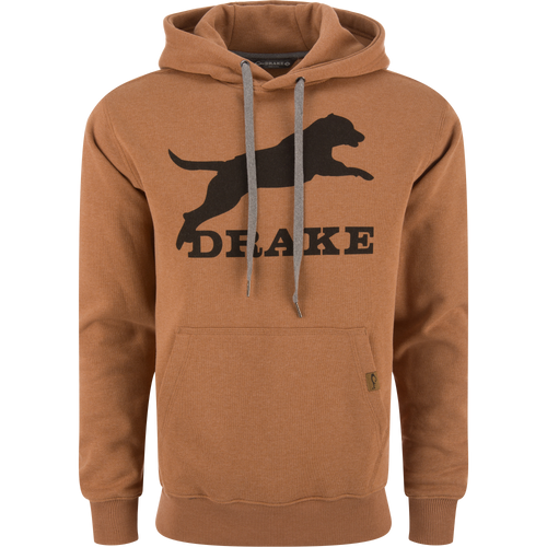 Leaping Lab Graphic Hoodie with kangaroo pocket, adjustable hood, and side panels for stretch, featuring Drake logo and leaping lab graphic on the front.