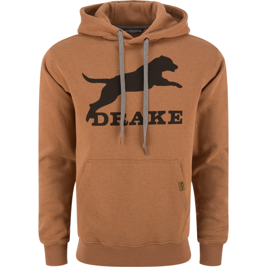 Leaping Lab Graphic Hoodie with kangaroo pocket, adjustable hood, and side panels for stretch, featuring Drake logo and leaping lab graphic on the front.