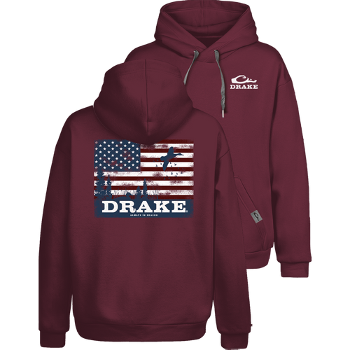 Americana Scenic Graphic Hoodie with adjustable drawstring hood, kangaroo pocket, side panels, Drake logo front, and American scenic graphic back, ideal for comfort and flexibility.