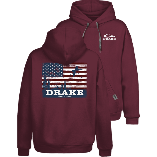 Americana Scenic Graphic Hoodie with adjustable drawstring hood, kangaroo pocket, side panels, Drake logo front, and American scenic graphic back, ideal for comfort and flexibility.