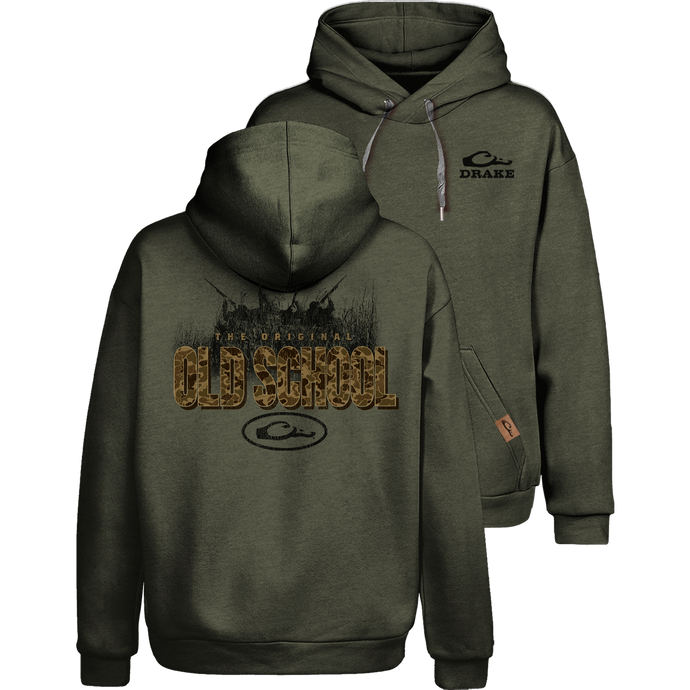 Old School Graphic Hoodie with adjustable drawstring hood, kangaroo pocket, side panels, Drake logo front, and Drake Old School Original graphic back.