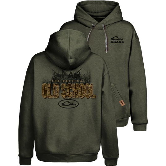 Old School Graphic Hoodie with adjustable drawstring hood, kangaroo pocket, side panels, Drake logo front, and Drake Old School Original graphic back.