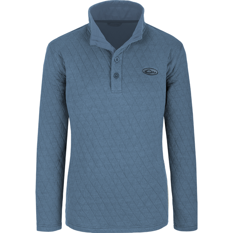 Women's Delta Quilted Sweatshirt, a blue long-sleeved shirt with logo, button, collar, and banded cuff. Stay warm and stylish on chilly days.