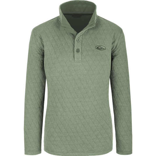 Women's Delta Quilted Sweatshirt, a green long sleeved shirt with button placket collar, banded cuff, and built-in stretch. Perfect for chilly days!