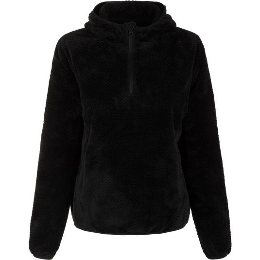 A women's Lauren Mountain Sherpa Hoodie, featuring a black jacket with a zipper and zippered side pockets. Stay warm and stylish this winter with this premium quality 100% polyester sherpa fleece hoodie.