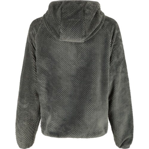 A women's sherpa hoodie made from premium quality polyester fleece, perfect for staying warm and stylish this winter. Features YKK half-zip, zippered side pockets, and elasticated hood, hem, and cuffs.