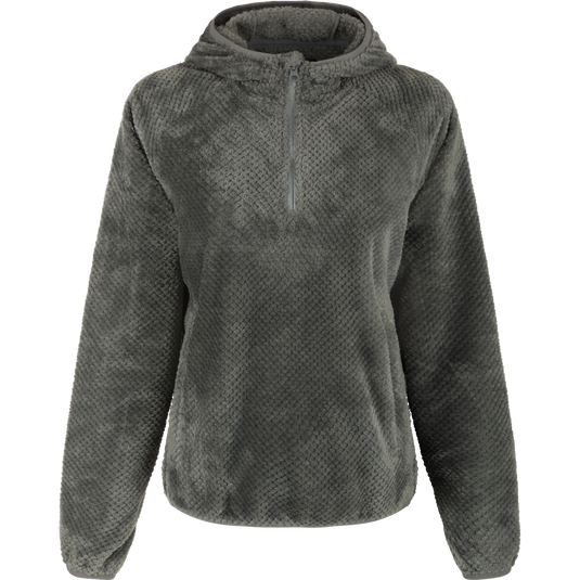 A women's sherpa hoodie with YKK half-zip, zippered side pockets, and elasticated hood, hem, and cuffs.
