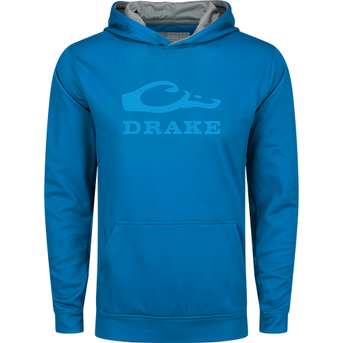 Youth Performance Stacked Hoodie featuring a logo, kangaroo pocket, and adjustable drawstring hood, designed for comfort with 92% polyester and 8% spandex fleece.