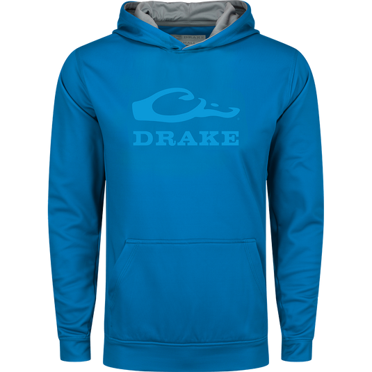 Youth Performance Stacked Hoodie featuring a logo, kangaroo pocket, and adjustable drawstring hood, designed for comfort with 92% polyester and 8% spandex fleece.