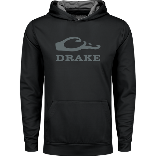 Youth Performance Stacked Hoodie: Black sweatshirt with grey stacked logo, kangaroo pocket, and adjustable drawstring hood. Made of 92% polyester and 8% spandex fleece.