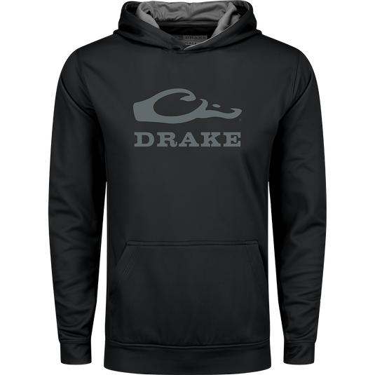 Youth Performance Stacked Hoodie: Black sweatshirt with grey stacked logo, kangaroo pocket, and adjustable drawstring hood. Made of 92% polyester and 8% spandex fleece.