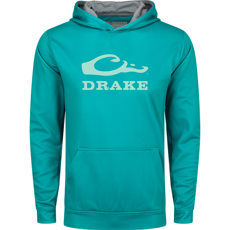 Youth Performance Stacked Hoodie featuring white text, kangaroo pocket, and lined hood with adjustable drawstrings, made from stretchy polyester-spandex fleece.