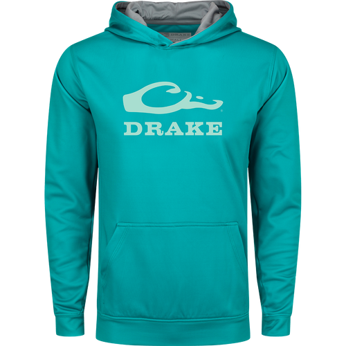 Youth Performance Stacked Hoodie featuring white text, kangaroo pocket, and lined hood with adjustable drawstrings, made from stretchy polyester-spandex fleece.