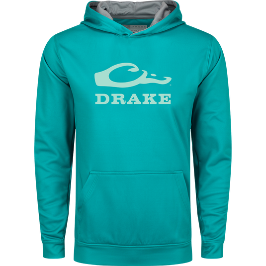 Youth Performance Stacked Hoodie featuring white text, kangaroo pocket, and lined hood with adjustable drawstrings, made from stretchy polyester-spandex fleece.