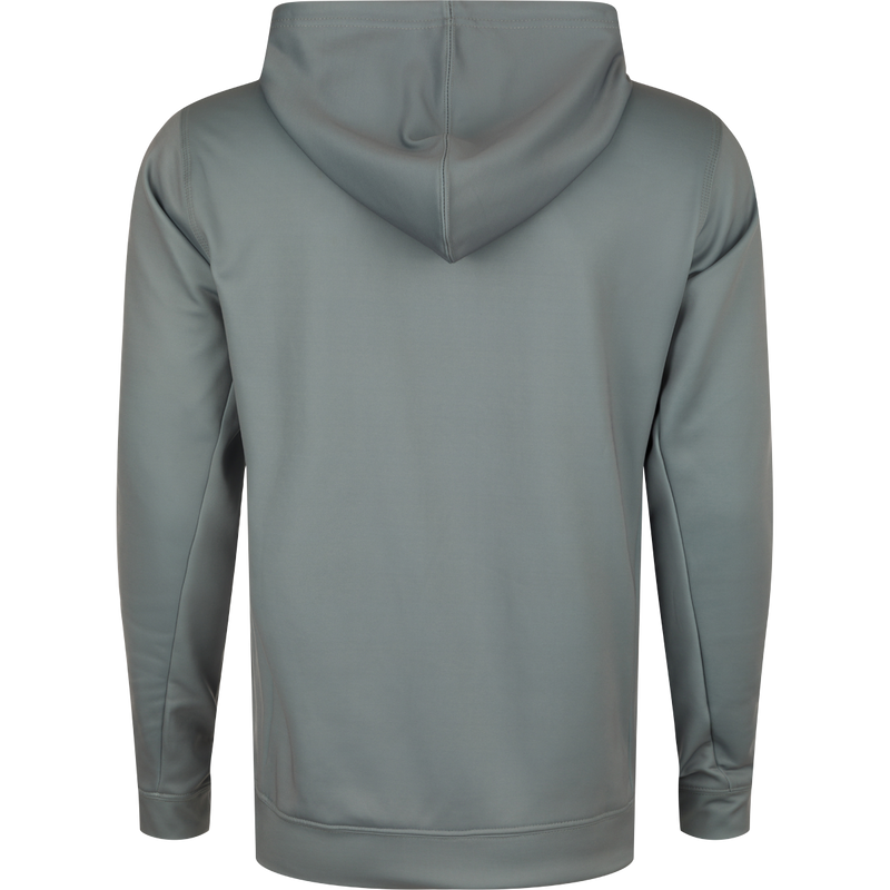 Youth Performance Stacked Hoodie featuring a 3-piece lined hood with adjustable drawstrings, kangaroo pocket, and stretchy 92% Polyester/8% Spandex Fleece material.