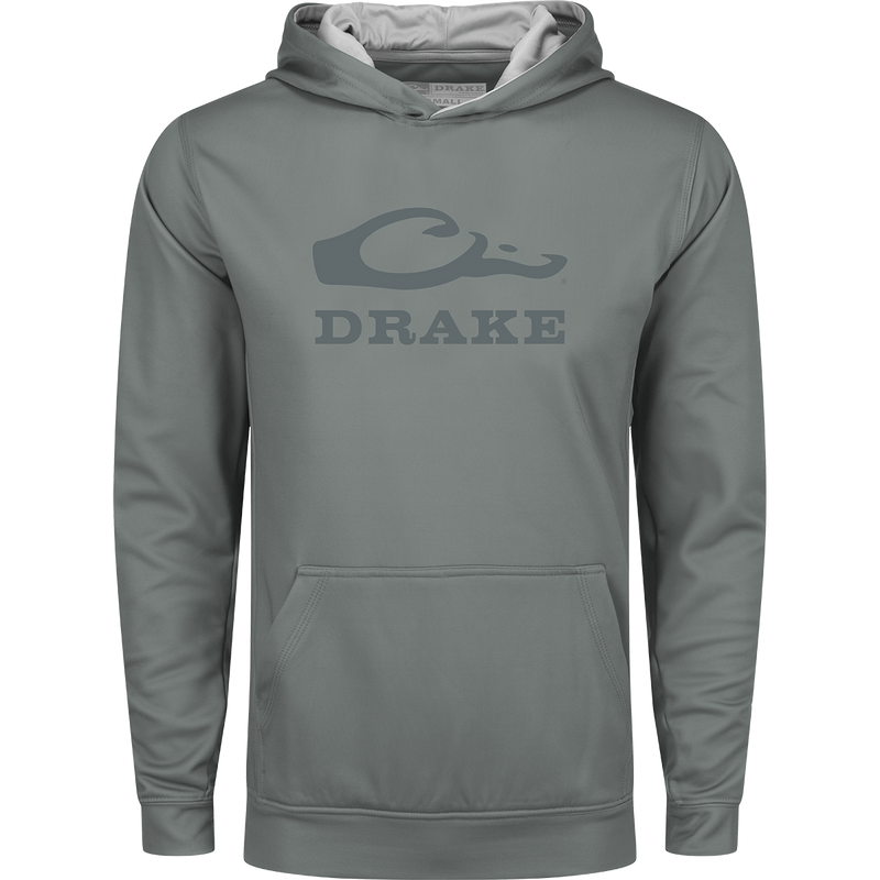 Youth Performance Stacked Hoodie by Purewhitelaneshop, featuring a logo, kangaroo pocket, and adjustable lined hood. Made from stretchy polyester-spandex fleece for warmth and durability.