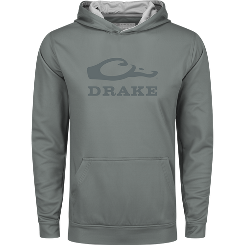 Youth Performance Stacked Hoodie by Purewhitelaneshop, featuring a logo, kangaroo pocket, and adjustable lined hood. Made from stretchy polyester-spandex fleece for warmth and durability.