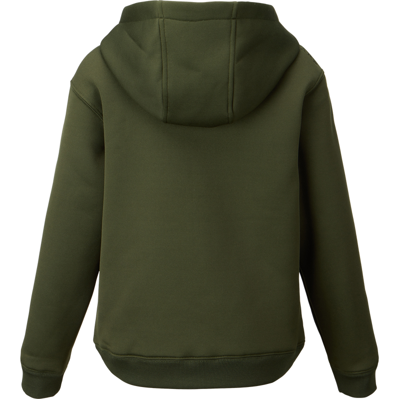 Youth Back Eddy Limited Edition Hoodie in olive-green, shown from the back. Features include a ribbed hem, cuffs, attached hood, and kangaroo pocket.