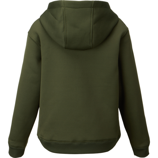 Youth Back Eddy Limited Edition Hoodie in olive-green, shown from the back. Features include a ribbed hem, cuffs, attached hood, and kangaroo pocket.