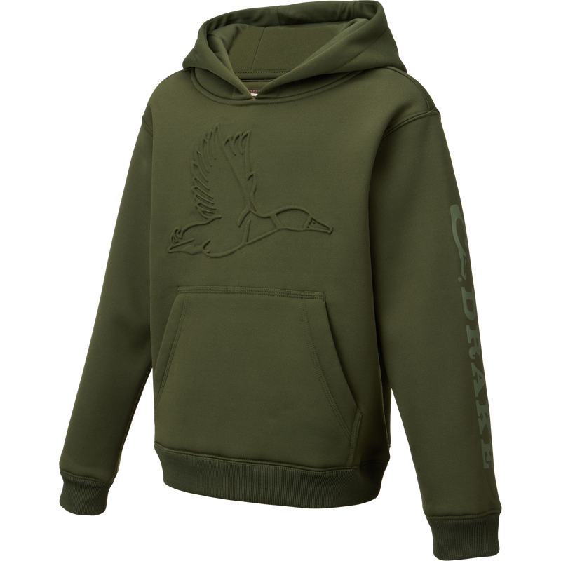 Youth Back Eddy Limited Edition Hoodie on mannequin, featuring embossed flying-goose graphic, kangaroo pocket, lettering on sleeve, water-resistant, stretchy, with lined hood.