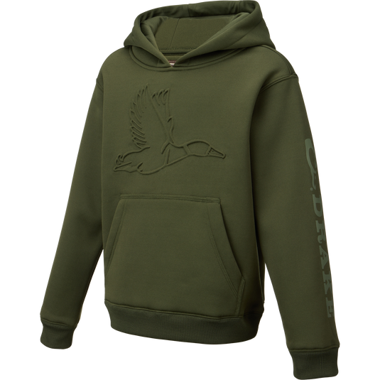 Youth Back Eddy Limited Edition Hoodie on mannequin, featuring embossed flying-goose graphic, kangaroo pocket, lettering on sleeve, water-resistant, stretchy, with lined hood.