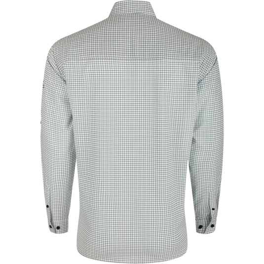 A lightweight, Four Way Stretch Traveler's Mini Grid Long Sleeve shirt with a split tail hem. Ideal for the man on the go, offering freedom of movement and ultimate comfort. Perfect for vacations or running errands.