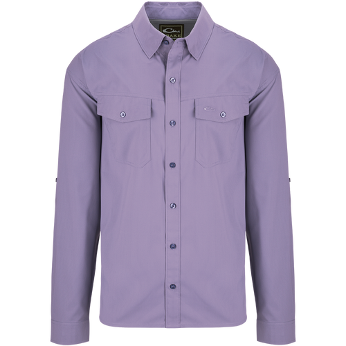 Traveler's Solid Dobby Button-Down Long Sleeve Shirt with hidden button-down collar, two chest pockets, and adjustable roll-up sleeves.