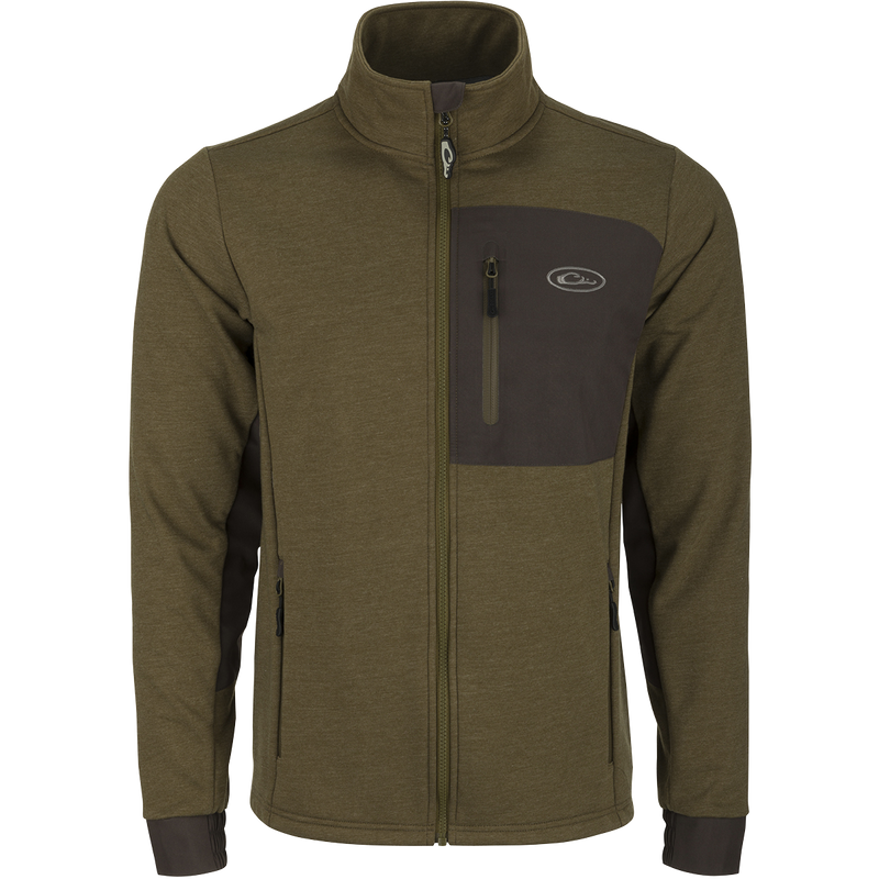 Close-up of the Hybrid Windproof Jacket featuring a functional chest pocket and 4-way stretch cuffs, designed for warmth and wind protection on cool fall days.