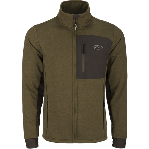 Close-up of the Hybrid Windproof Jacket featuring a functional chest pocket and 4-way stretch cuffs, designed for warmth and wind protection on cool fall days.