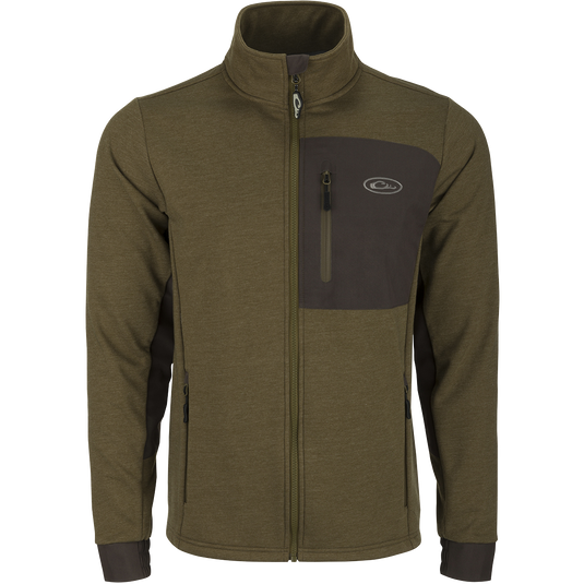 Close-up of the Hybrid Windproof Jacket featuring a functional chest pocket and 4-way stretch cuffs, designed for warmth and wind protection on cool fall days.