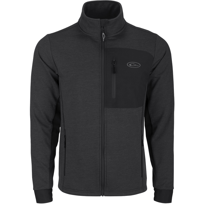 Hybrid Windproof Jacket with welded chest pocket, zippered lower pockets, and fleece backing, ideal for cool fall days and outdoor adventures.