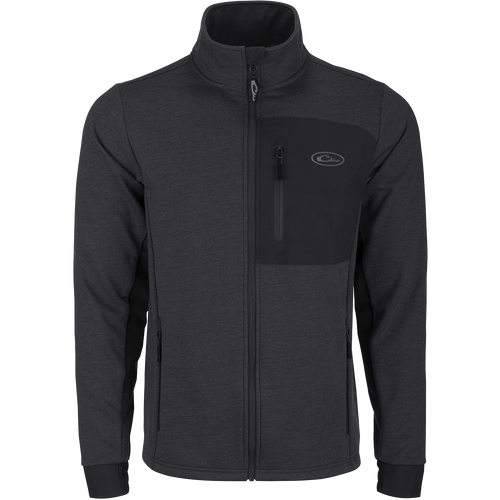 Hybrid Windproof Jacket with welded chest pocket, zippered lower pockets, and fleece backing, ideal for cool fall days and outdoor adventures.